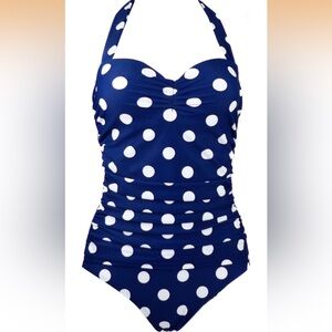 COCOSHIP Blue and White Polka Dot Retro One Piece Swimsuit - fits 6-8